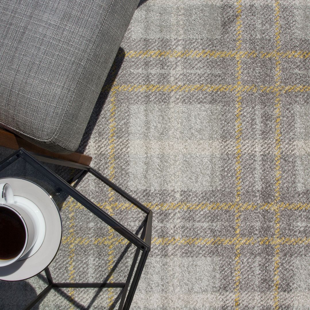 Modern Ochre Yellow Grey Tartan Rugs Soft Warm Geometric Check Living